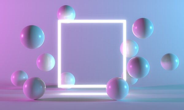 Product Stand blue pink violet neon square abstract background, studio modern ultraviolet light. Ball in room pastel, Glowing podium, performance stage decorations, Stage of sphere light. 3d rendering © S-Design1689