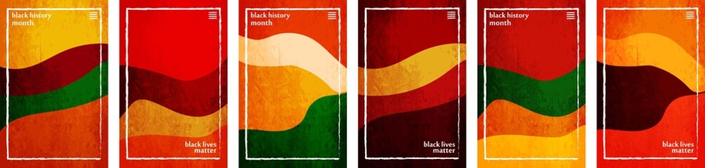Black History Month theme color tone, hues crushed paper vertical background template frame. Black lives matter. Set of 6 collection. User interface backdrop texture pattern. Online app visual concept
