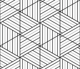 Alternating repeating straight thick and thin lines pattern inside triangles and hexagons in black outline against a white background, geometric vector illustration