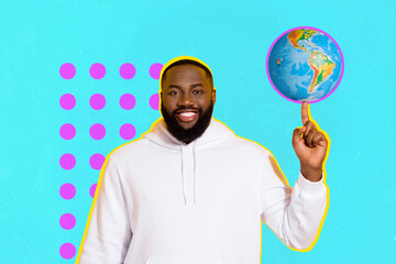 Creative abstract template graphics image of funny american guy spinning finger globe isolated blue drawing background