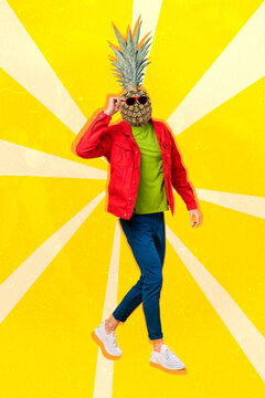 Vertical collage picture of guy pineapple instead head hand touch sunglass isolated on creative drawing yellow background