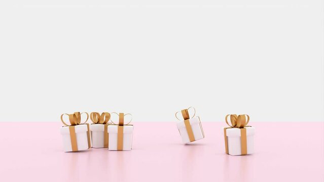 3D render image illustration of White gift box golden ribbon for celebration on special day. Happy Holiday decoration surprise card. Concept give packing Love idea. Wedding modern luxury pink pastel.