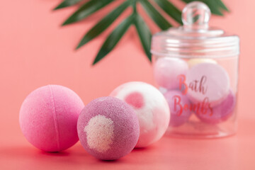 bath bomb, pink body salt, colorful sweet balls, sizzling bubbles, fragrant cosmetics