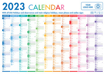 Year planner, 2023 calendar with monthly vertical grid in rainbow colors. Template planner for schedule, events and holidays. Vector business organizer, calendar - obrazy, fototapety, plakaty