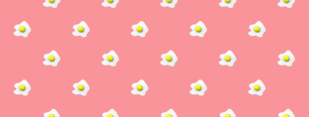 pattern. Image of chicken egg on pastel purple red background. Egg with round yolk. Surface overlay template. Banner for insertion into site. Horizontal image. 3d image. 3d rendering.
