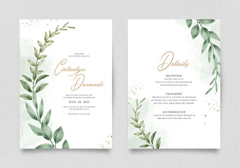Double sided invitation template set with watercolor green leaves