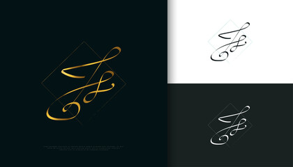 JS Initial Signature Logo Design with Elegant Gold Handwriting Style. Initial J and S Logo Design for Wedding, Fashion, Jewelry, Boutique and Business Brand Identity