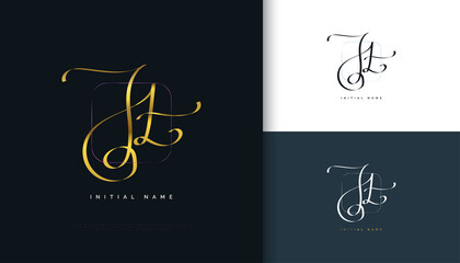 JT Initial Signature Logo Design with Elegant and Minimalist Gold Handwriting Style. Initial J and T Logo Design for Wedding, Fashion, Jewelry, Boutique and Business Brand Identity
