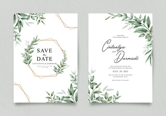 Fototapeta na wymiar Double sided invitation template with watercolor greenery decoration