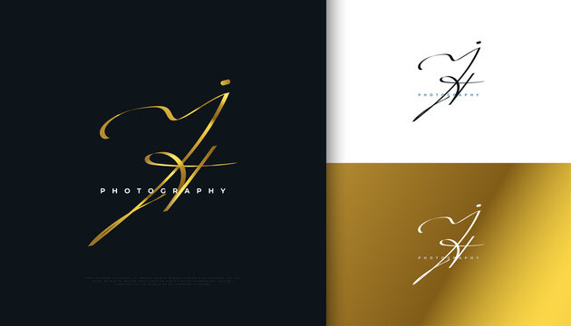 JT Initial Signature Logo Design with Elegant and Minimalist Gold Handwriting Style. Initial J and T Logo Design for Wedding, Fashion, Jewelry, Boutique and Business Brand Identity