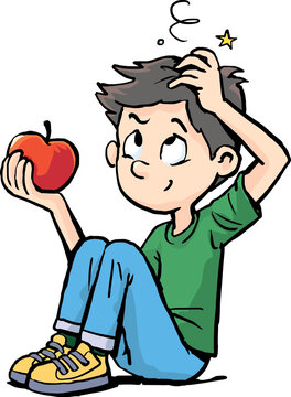 an apple falls on the boy's head and reveals gravity