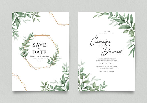 Double sided invitation template with watercolor greenery decoration