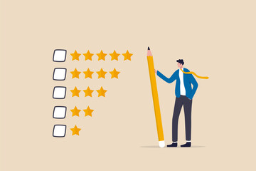 Evaluation or satisfaction feedback, performance rating or customer review, giving stars quality result, rate the service concept, thoughtful businessman holding pencil to evaluate star feedback.