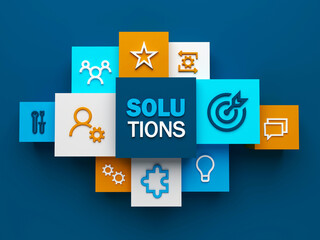3D render of table top view of SOLUTIONS business concept with symbols on colorful cubes on blue background