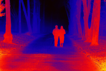 People in night park. Mystical atmosphere of night in forest. Illustration of thermal image. Blurred unrecognizable people. - obrazy, fototapety, plakaty