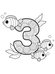 Coloring page - Numbers. Education and fun for childrens. Printable worksheet -3 three with fish