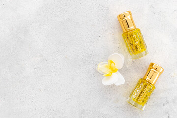 Perfume essential oil in glass bottles. Traditional Arabian incense