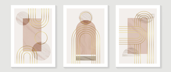 Set of abstract shapes wall art vector. Geometric shape, circle, gold line, watercolor texture in line art style. Luxury wall decoration collection design for interior, poster, cover, banner.  © TWINS DESIGN STUDIO