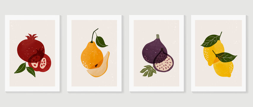 Set of abstract fruit wall art vector. Pomegranate, pears, figs, lemon, leaves with watercolor texture. Line art wall decoration collection design for interior, poster, cover, banner.