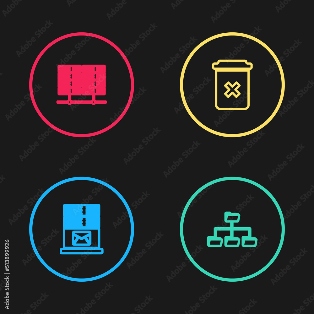 Poster set line mail server, folder tree, trash can and server, data, web hosting icon. vector