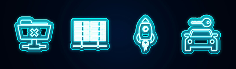 Set line FTP cancel operation, Server, Data, Web Hosting, Rocket ship with fire and Car rental. Glowing neon icon. Vector