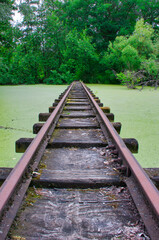 Train tracks in the Spreewald abandoned amusement park, Germany
