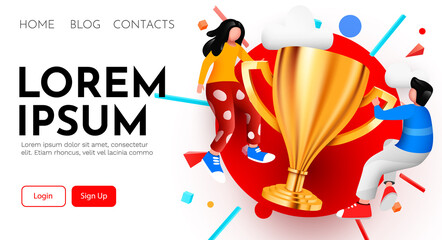 Landing page. People flying around golden giant champion cup. Winner, teamwork or success concept.