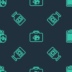 Fototapeta premium Set line Pet first aid kit, Cat medicine bottle and Clinical record pet on seamless pattern. Vector