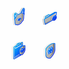 Set Isometric line Medical veterinary record folder, Dog, Clinical pet and Animal health insurance icon. Vector