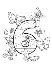 Coloring page - Numbers. Education and fun for childrens. Printable sheet - 6 six and butterflies