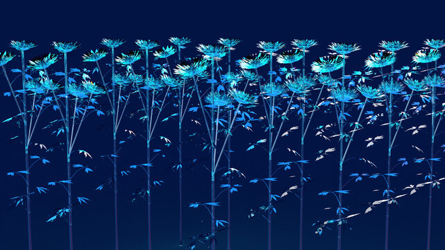 3d render abstract background of blue glass flowers glowing on a blue background