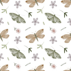 Seamless pattern with hand drawn butterflies and flowers. Pattern for textile, fabric, newborns, kids clothes. 