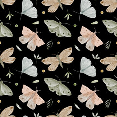 Seamless pattern with hand drawn illustrations of butterflies and moth on black backdrop. Pattern for fabric, textile, wallpapers, wrapping paper. 