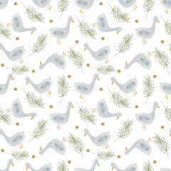 Seamless pattern with watercolor illustrations of gooses and leaves. Pattern for textile, kids, newborns, wallpapers, wrapping paper. 