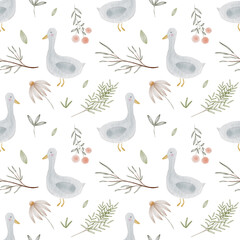 Seamless pattern with illustrations of gooses, leaves and flowers. Pattern for newborns, textile, fabric, kids, wrapping paper. 