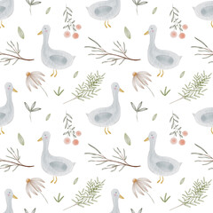 Seamless pattern with illustrations of gooses, leaves and flowers. Pattern for newborns, textile, fabric, kids, wrapping paper. 