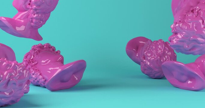 Funny concept 3D animation of shiny pink rubber 
 classical bust sculpture heads falling and bouncing over each other off the ground in green studio background.
