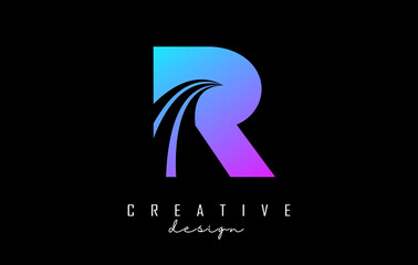 Colorful letter R logo with leading lines and road concept design. Letter R with geometric design.