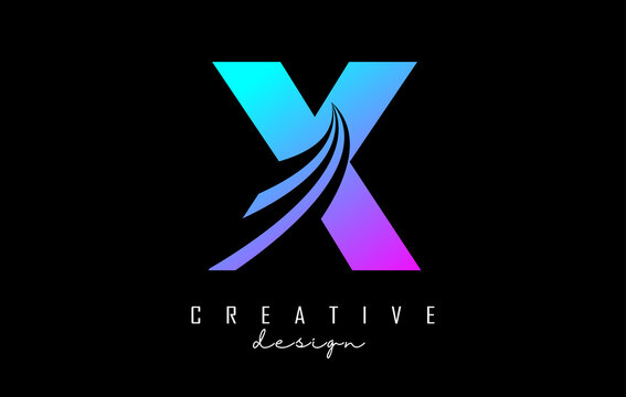 Colorful letter X logo with leading lines and road concept design. Letter X with geometric design.