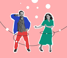 Contemporary art collage. Dancing couple in retro 70s, 80s styled clothes isolated over bright abstract background. Concept of art, music, fashion, party, creativity