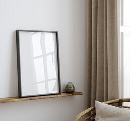 Mock up frame close up in home interior background, white room with natural wooden furniture, 3d render © artjafara