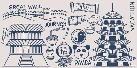 Hand drawing doodle trip travel elements set go to china with great wall , temple, panda, noodle, flag, yin yang and lantern.