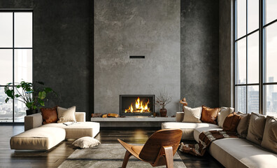 Dark living room loft with fireplace, industrial style, 3d render