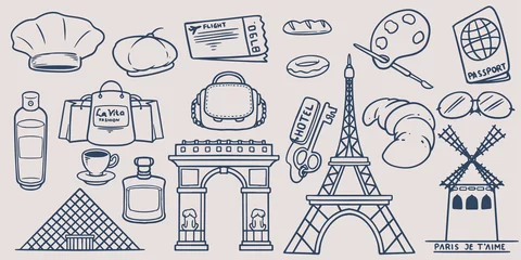 Foto op Canvas Hand drawing doodle trip travel elements set go to around the world with chef hat, bread, eiffel tower, museum, passport, ticket, windmill, bag and sunglasses © ngupakarti
