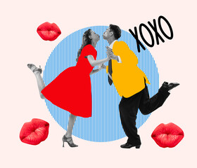 Contemporary art collage. Dancing couple in retro 70s, 80s styled clothes isolated over bright...