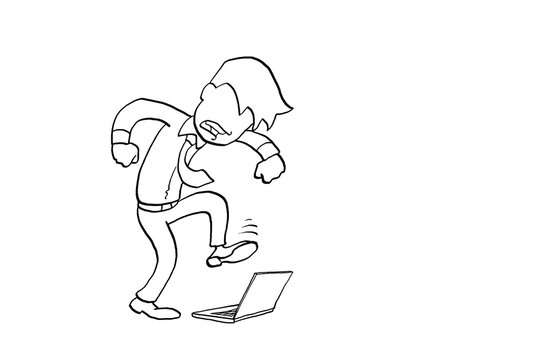 Angry business man stomp and destroying error laptop. Concept of stress at work. Cartoon vector illustration design