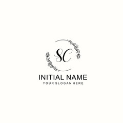 Initial letter SC handwriting with floral frame template	
