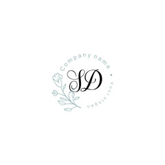 Initial letter SD handwriting with floral frame template	