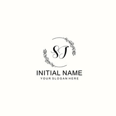 Initial letter SJ handwriting with floral frame template	
