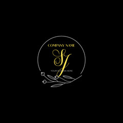 Initial letter SJ handwriting with floral frame template	